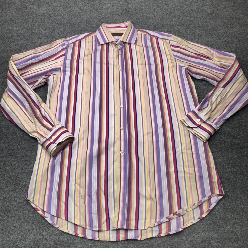 Etro Milano Dress Shirt Mens 16.5 42 Purple Stripe Poplin Cutaway Spread Collar